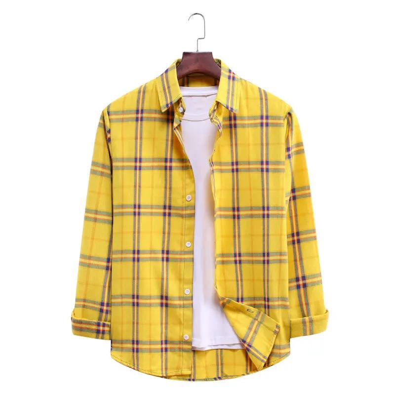 Men's Plaid Long Sleeve Shirt - 0 - Dan Flashes - Yellow - Men's Fashion Plaid Long Sleeve Shirt Dan Flashes